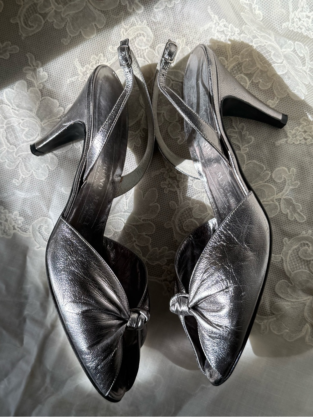Bruno Magli Silver Knot Peep-Toe Slingback Heels